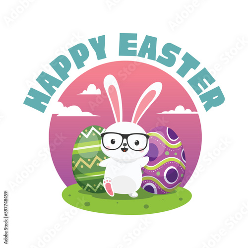 An illustration of a nerd rabbit in front of egg. Happy Easter Label.