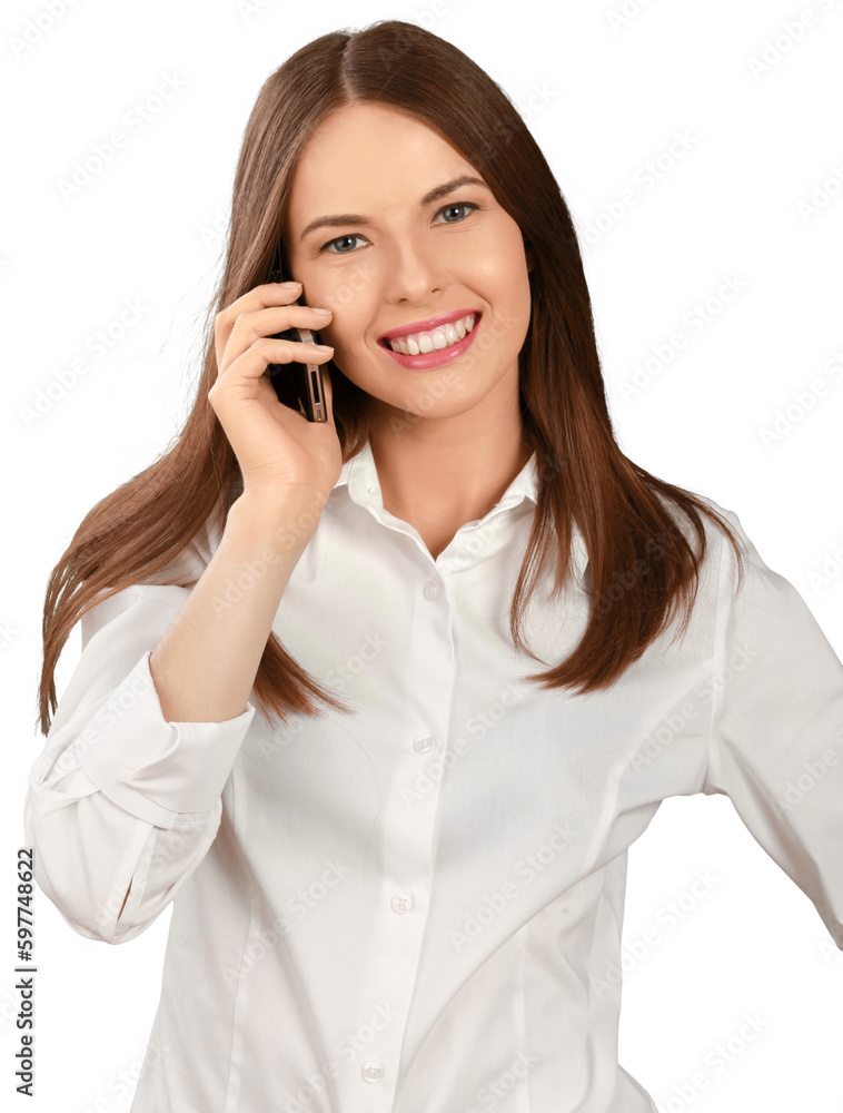 Close-up portrait of young woman with phone isolated on white background Close-up portrait of young woman with phone isolated on white background