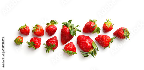 Ripe strawberries isolated on white background top view.