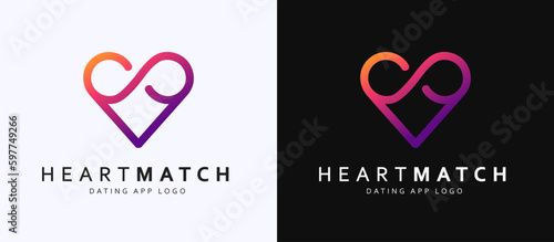 Dating app logo design with colorful heart and infinity symbol.  Trendy flat style love concept for brand name,business. Heart match Branding concept on white and black background. Vector illustration