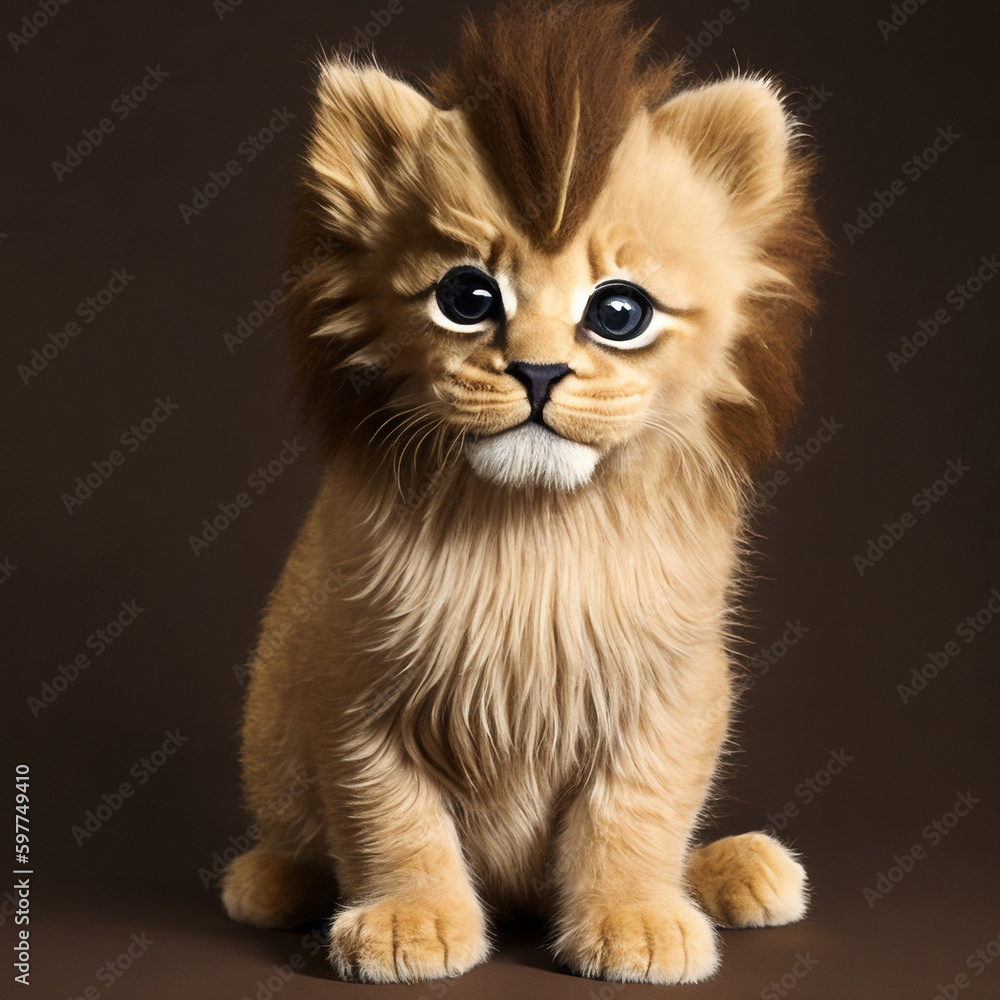 Kitten turned into lion cub. Cute pet. Mane of lion in cat. Generative AI.
