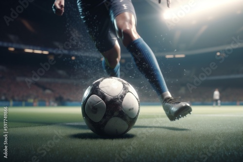 competition goal soccer foot kick sport ball football stadium game. Generative AI. © SHOTPRIME STUDIO