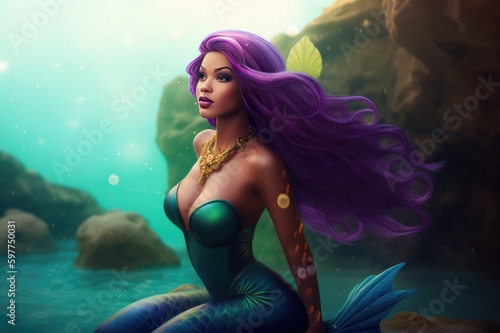 A beautiful black mermaid in the underwater world. Fantasy woman. Banner for oceans day,  created with generative ai