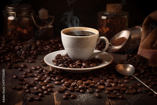 breakfast drink mug aroma cafe brown bean cup morning espresso. Generative AI.