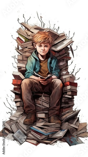 Kin in a migthy chair made out of books