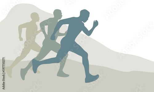 Men are running. Vector poster design. The concept of a healthy lifestyle. People in nature run against the background of mountains. Flat vector illustration. Template for banner, advertising cover
