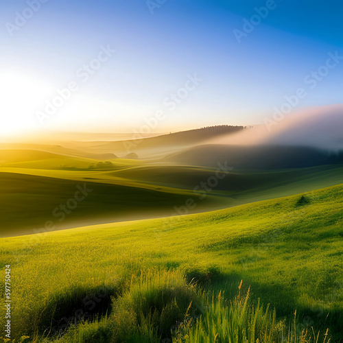 Mystical meadow with rolling hills and a misty atmosphere generated with AI.