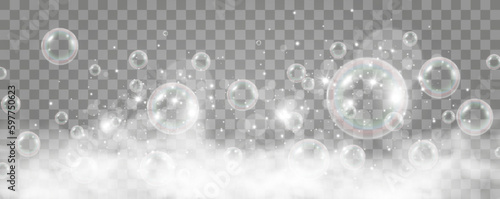 Air bubbles on a transparent background. Soap foam vector illustration.	

