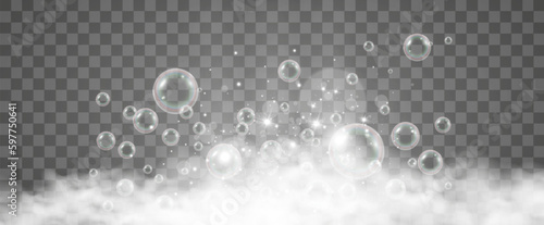 Air bubbles on a transparent background. Soap foam vector illustration.	


