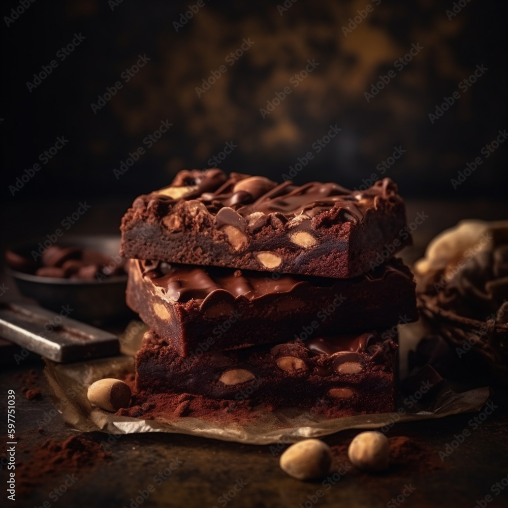 Saftiger Brownie mit Nüssen und Schokosoße, generative AI Stock ...
