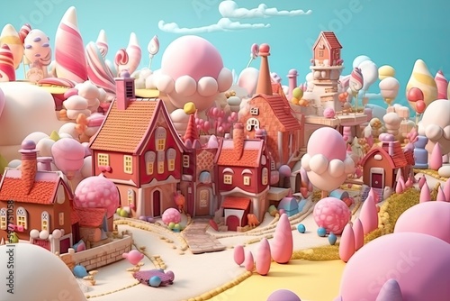 Fantasy village or town made of sweets, ice-cream, marshmallow, cookies, candies, lollypops, cakes, cupcakes, street view. Colorful sweet world with houses and buildings. © Ilia