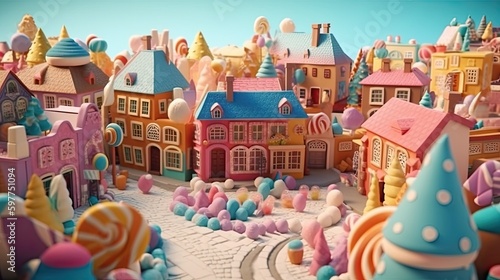 Fantasy village or town made of sweets, ice-cream, marshmallow, cookies, candies, lollypops, cakes, cupcakes, street view. Colorful sweet world with houses and buildings.