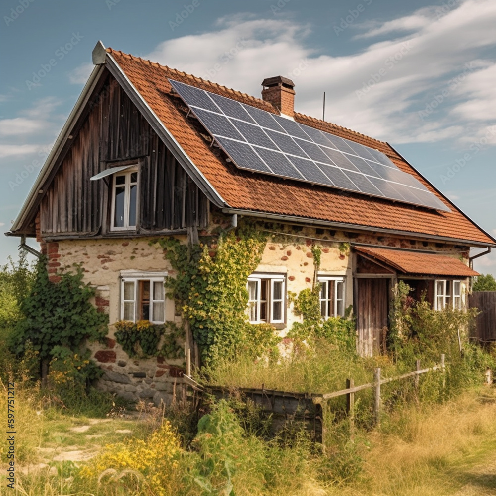 Solarnlage auf altem Bauernhaus, AI generiert