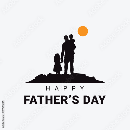 Happy Father's Day and silhouette of father and son on white background and sun photo