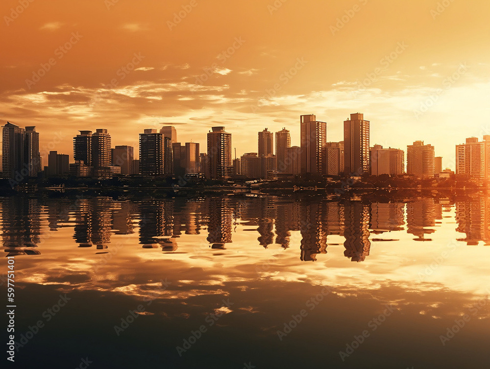 
A breathtaking sunset illuminates a city skyline as it reflects on the calm waters of a river or sea, creating a serene and magical scene.
