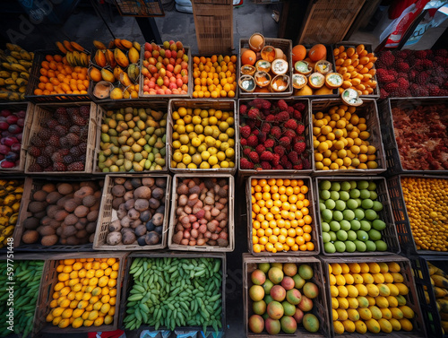A colorful market scene brims with fresh fruits and vegetables