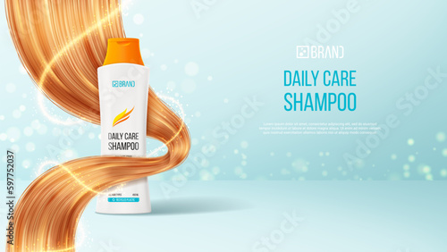 Promo banner of hair shampoo or conditioner. 3d vector illustration of cosmetic product. Realistic bottle and hair strands for promotion of female shampoo. Beauty product advertising.