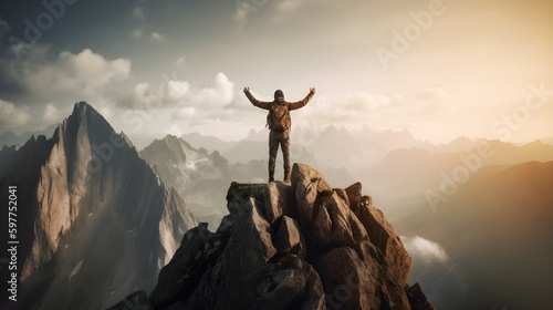 inspiring image of a person who arrive at the top of a mountain representing the success of a goal © John