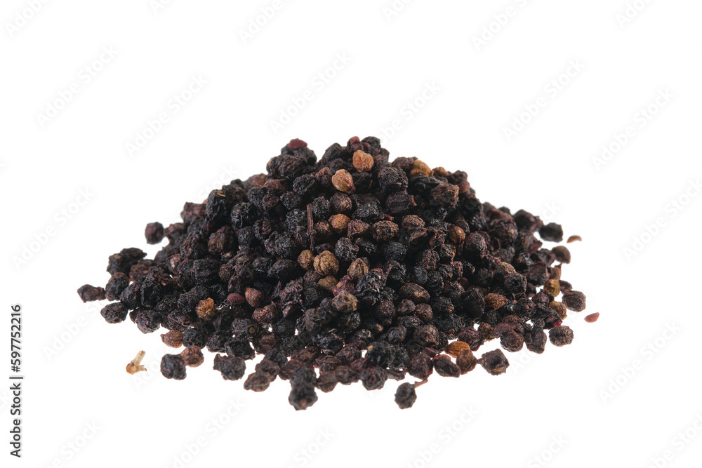 PIle of dried elderberry (Sambucus nigra), isolated on white background PIle of dried elderberry (Sambucus nigra), isolated on white background