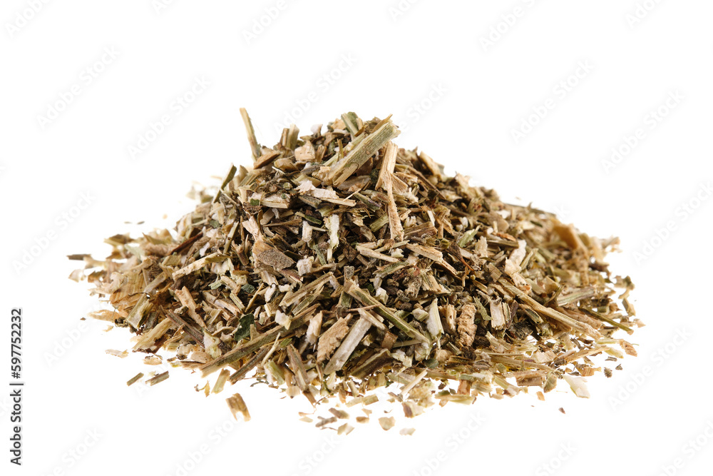 Pile of dried catnip (Nepeta cataria), isolated on white background