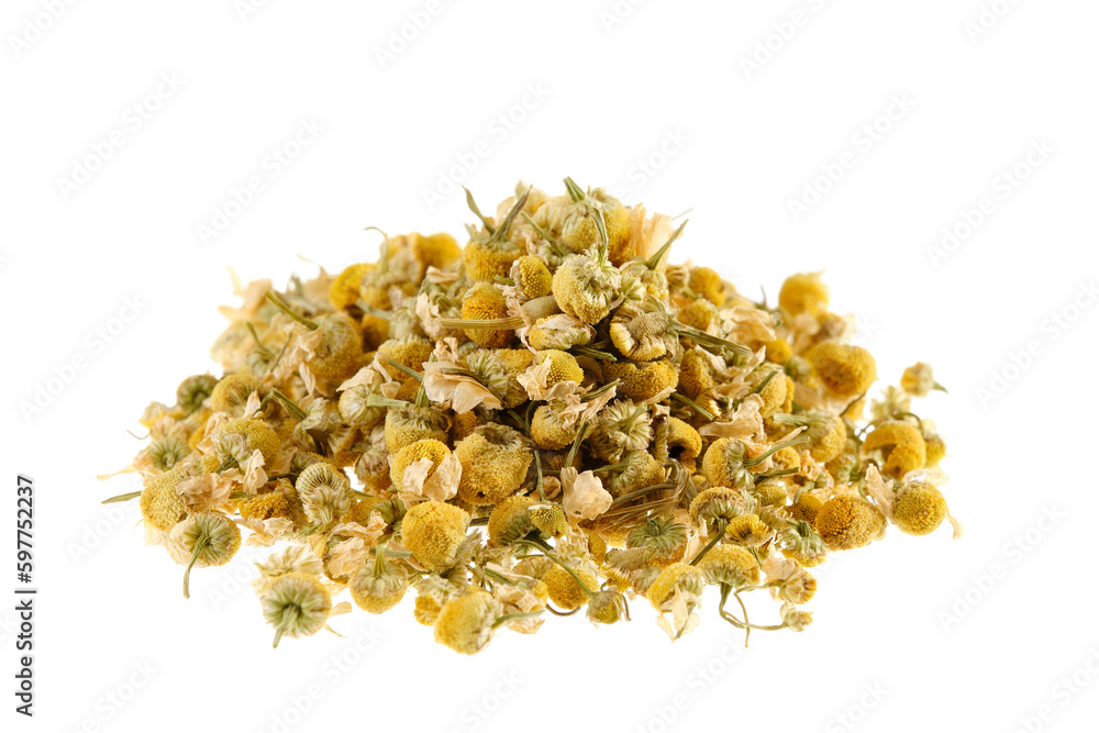 Pile of dried chamomile flowers (Matricaria chamomilla), isolated on white background Pile of dried chamomile flowers (Matricaria chamomilla), isolated on white background