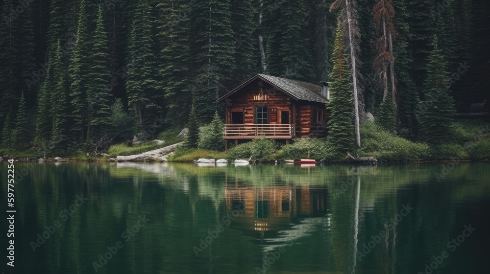 Peaceful Lake Cabin, Captured Moment Aesthetic, Rich Emerald and Earthy Brown Hues, Calming Hideaway, Stock Photography. Generative ai illustration Peaceful Lake Cabin, Captured Moment Aesthetic, Rich Emerald and Earthy Brown Hues, Calming Hideaway, Stock Photography. Generative ai illustration