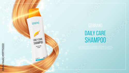 Ad banner of hair shampoo or conditioner. 3d vector illustration of cosmetic product. Realistic bottle and hair strands for promotion of female shampoo. Beauty product advertising.