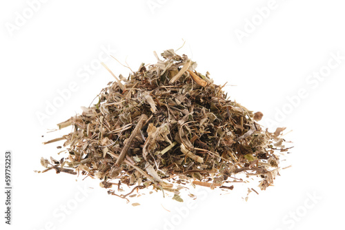 Pile of dried labdanum (Cistus), isolated on white background photo