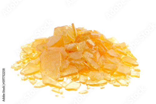 Pile of pine resin (Pinus sylvestris), also called colophony (Colophonium) or rosin, a tree resin, isolated on white background