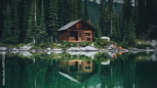 Peaceful Lake Cabin, Captured Moment Aesthetic, Rich Emerald and Earthy Brown Hues, Calming Hideaway, Stock Photography. Generative ai illustration