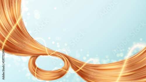 Banner for presentation cosmetic products. 3d vector illustration with realistic hair strands on blue background. Vector element for hairdresser salons, cosmetics, shampoo or conditioner package.