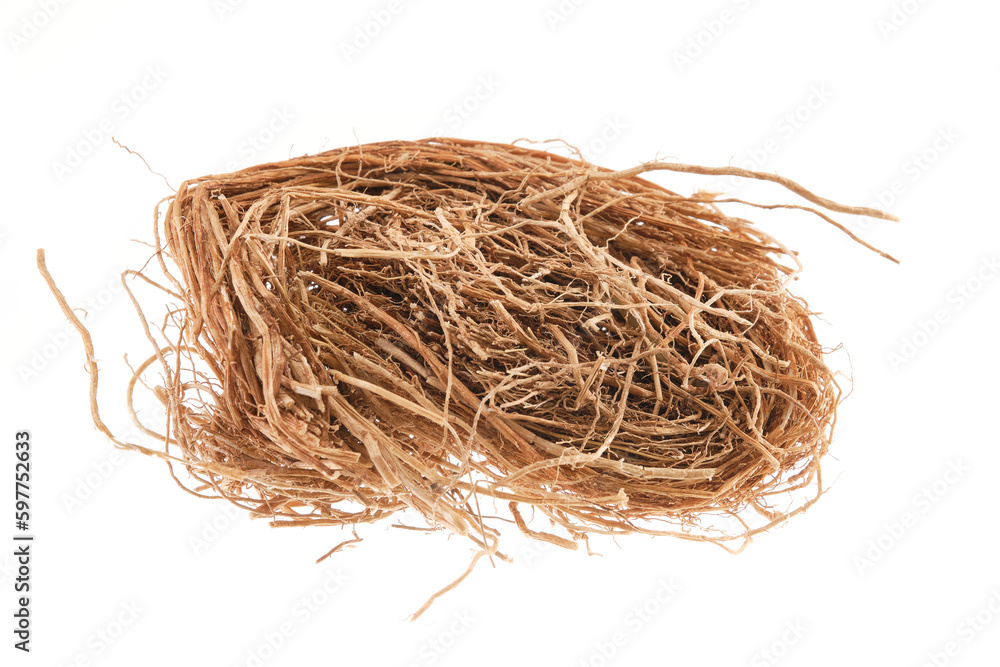 Pile of dried vetiver root (Vetiveria zizanioides), isolated on white background - obrazy, fototapety, plakaty 