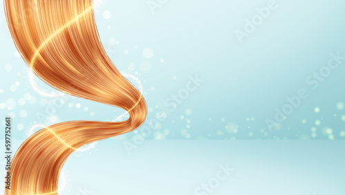 Banner for presentation cosmetic products. 3d vector illustration with realistic hair strands on blue background. Vector element for hairdresser salons, cosmetics, shampoo or conditioner package.
