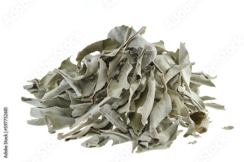 Pile of dried white sage leaves (Salvia apiana), isolated on white background photo