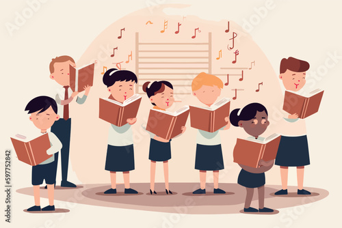 Young students with books harmonize in school chorus. Small children holding textbooks perform onstage. Music, recital. Vector graphic