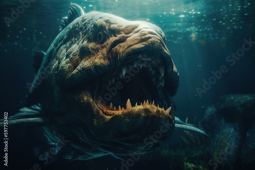 Big monster fish with open mouth and big teeth. Creepy fish living in the depths of the ocean. Monster fish. Fantastic fish. Generative AI © marikova