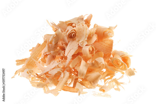 Pile of Pinus cembra wood chips, also known as Swiss stone pine or Austrian stone pine, isolated on white background. photo