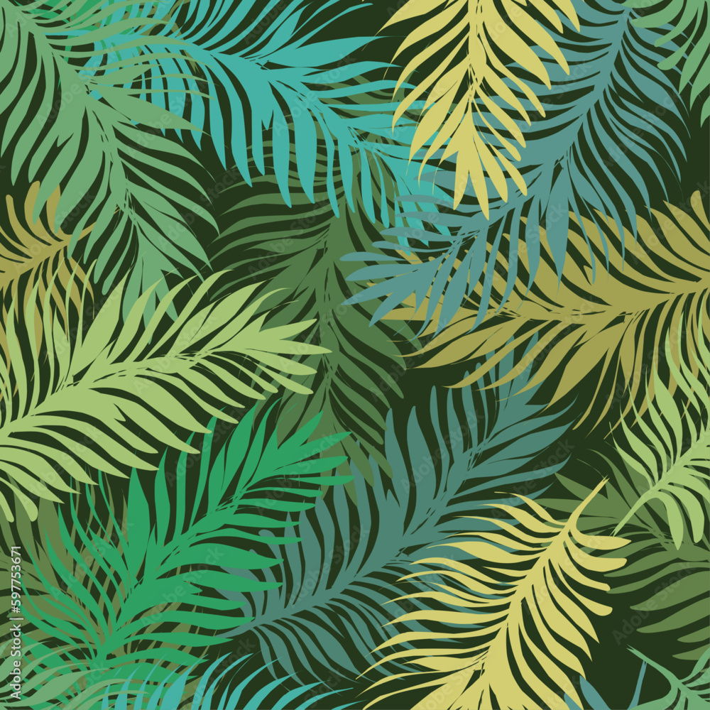 Vector endless colorful seamless pattern, palm leaves. For printing on fabric, wallpaper, paper. Flat vector design	
