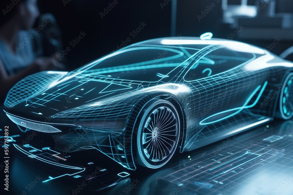 Car design using a holographic application in a digital tablet. Generative AI