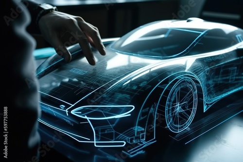 Car design using a holographic application in a digital tablet. Generative AI © marikova