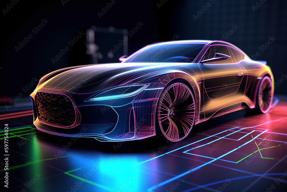 Car design using a holographic application in a digital tablet. Multicolored car. Futuristic. Generative AI
