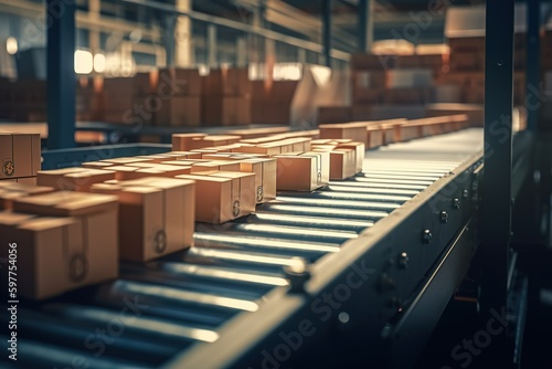 Conveyor belt with cardboard brown boxes close-up. Warehouse for product storage and logistics. Generative AI © marikova