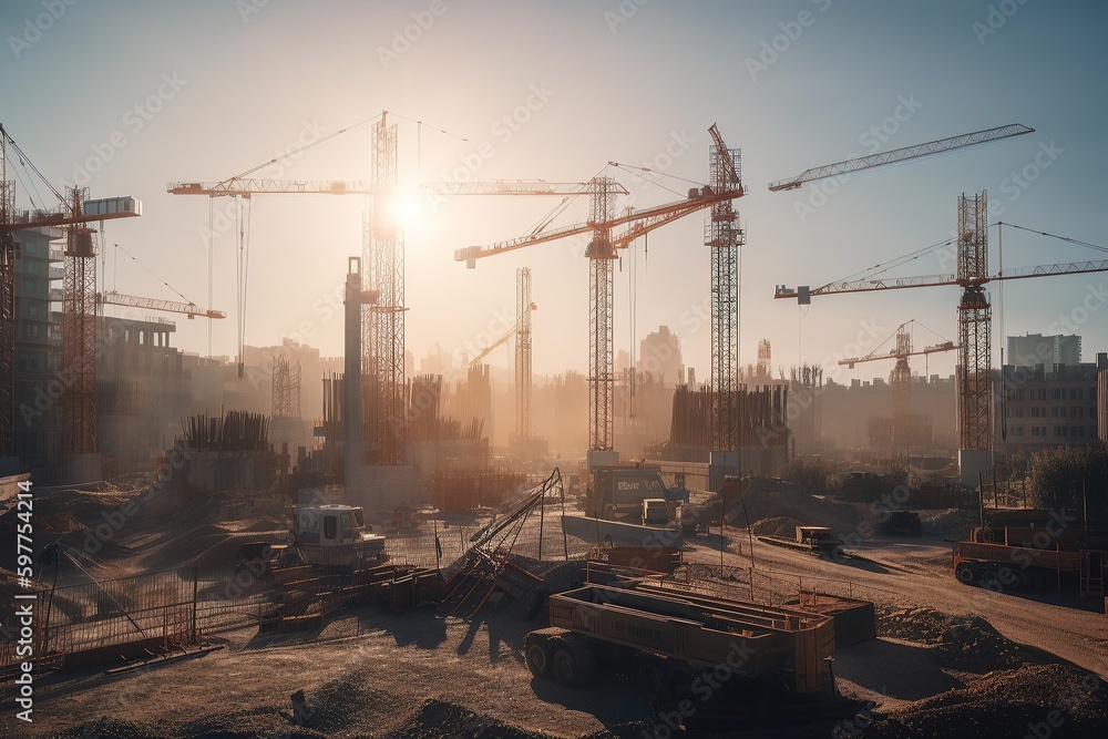 The beginning of the construction of the facility. Construction site with a lot of tower cranes. Pit, construction of the future house. Generative AI