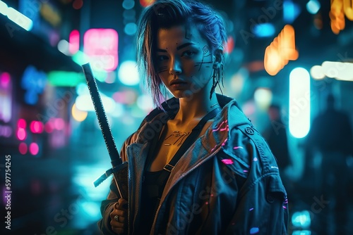 Cyberpunk girl with katana in neon city. Cyberpunk. Fighting girl. Generative AI