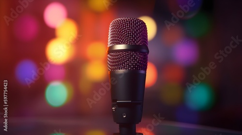 Podcast Microphone focused against blurred colorful background, business background for speaker or communication banner, Marketing banner background for public speaking concept, generative ai
