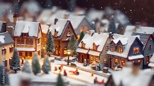 miniature christmas village snowing with people and warm lights, made with generative ai