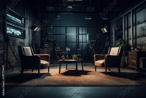 Studio. Empty studio without people. Studio for podcasts or interviews. Stylish studio. Two comfortable chairs with cameras, lights and microphones. Generative AI