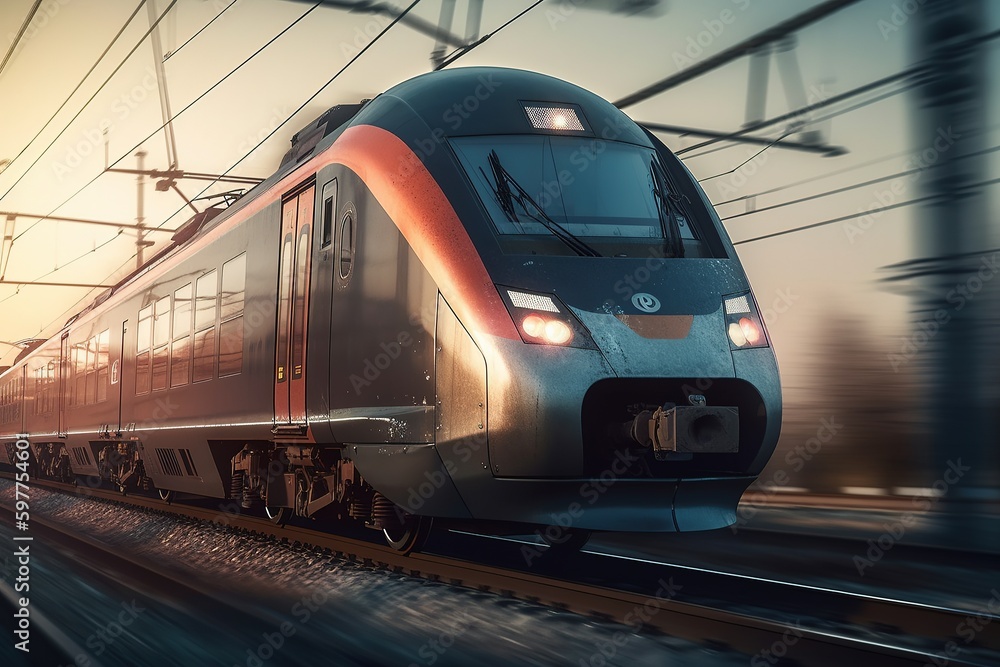 High-speed passenger express train on a high-speed intercity railroad. Left the city. Futuristic technologies. Generative AI