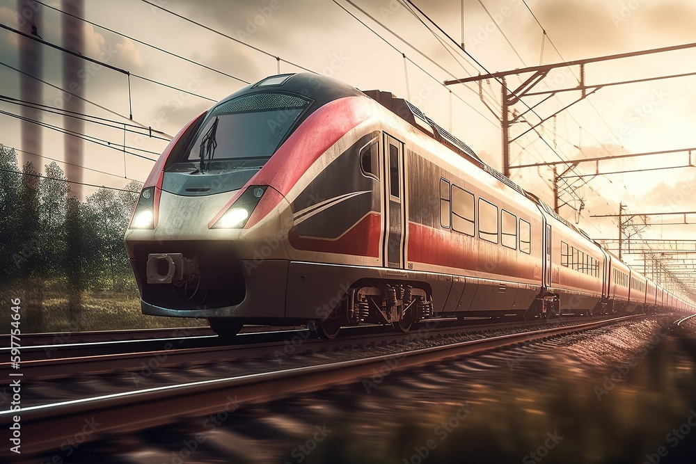 High-speed passenger express train on a high-speed intercity railroad. Left the city. Futuristic technologies. Generative AI