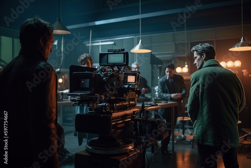 A film crew filming a scene in the studio. Film set. Generative AI